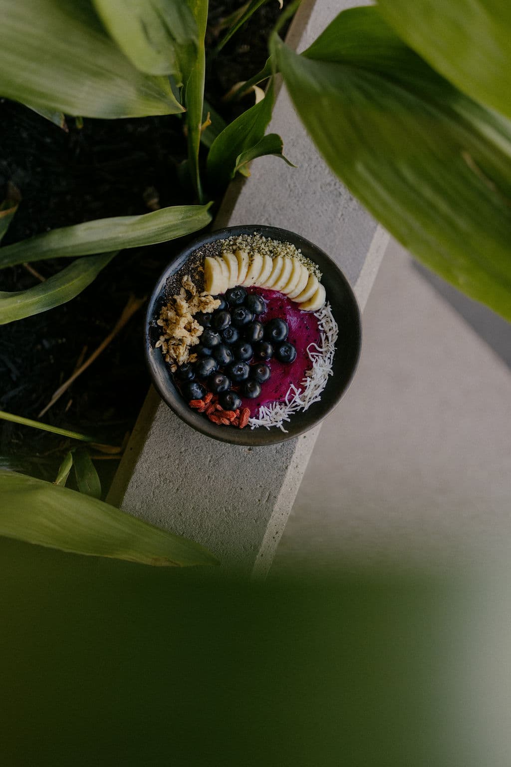 Açaí bowl nestled in tropical leaves